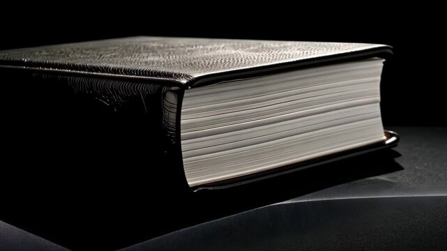 Knowledge's Embrace: An exquisite hardback book, its thick, textured pages illuminated against a somber dark backdrop, symbolizing the wealth of knowledge.