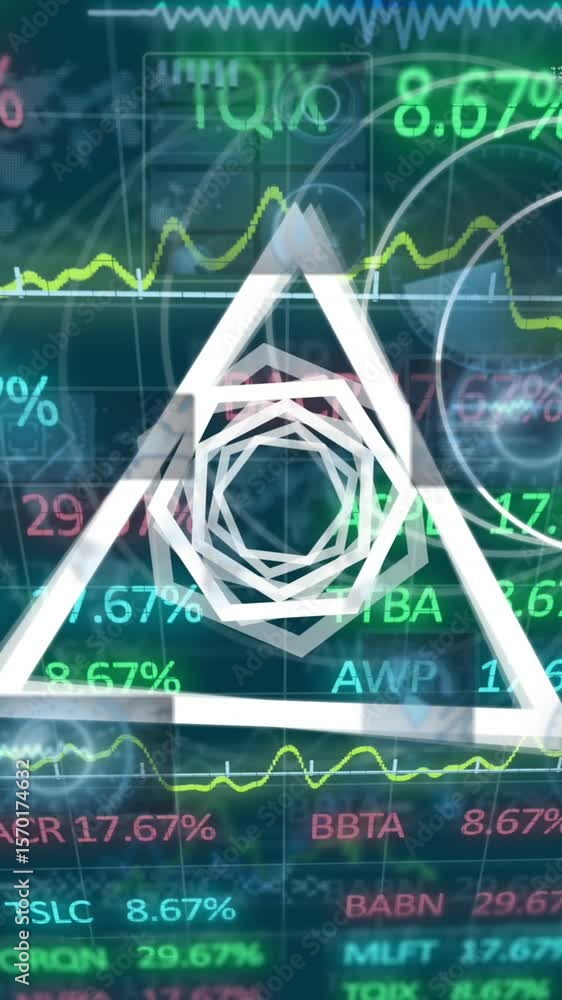 Poster animation of abstract geometric shapes spinning over stock market data processing and round scanners