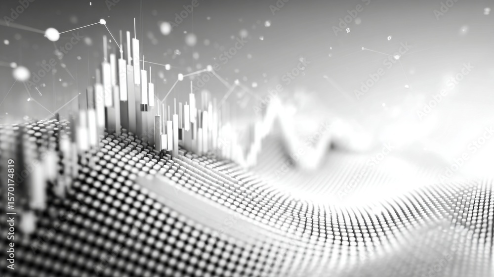 Poster this visual displays an abstract design of financial data trends, featuring wave-like patterns and v