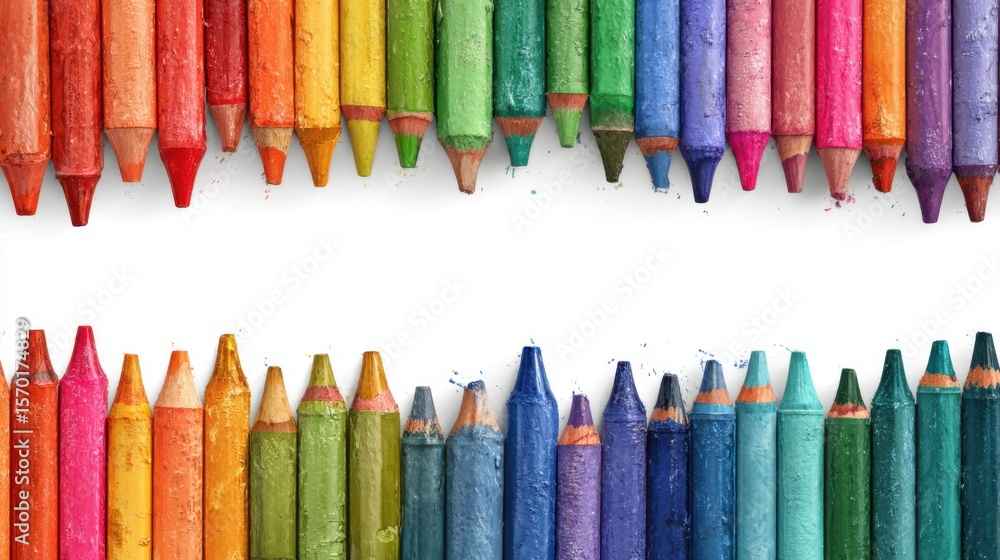 Poster brightly colored crayons are lined up on a white surface, showcasing a vibrant array of colors ideal