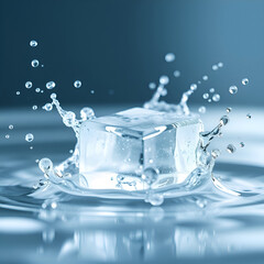 macro high speed photo of ice cube splashing into clear liquid. JPEG, 3.5MB, 12x12in, 3600x3600px, 300p/i