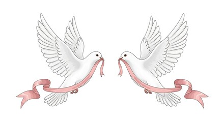 Fototapeta premium Doves with Ribbon Vector – Romantic Peaceful Commitment Symbol
