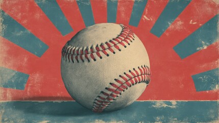 A vintage baseball rests prominently in the center, set against a striking sunburst background in shades of blue and red, evoking memories of classic games and summer fun.