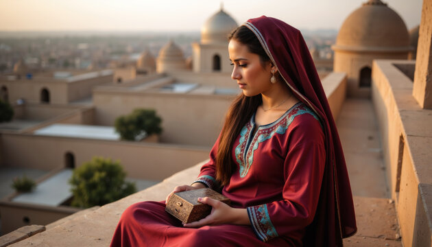 An Iranian woman with long brown hair, in a red dress with intricate embroidery and a matching headscarf, sits on a stone balcony overlooking an ancient city with domed architecture. - Powered by Adobe