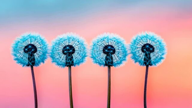 Blossoming Wishes: Four vibrant blue dandelion seed heads stand gracefully against a pastel backdrop, conjuring feelings of hope and the ephemeral beauty of nature.