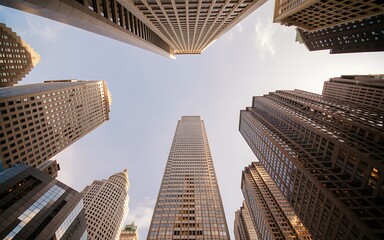 Downtown skyscrapers rise toward the sky in a bustling city center, displaying architectural urban design