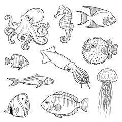 Naklejka premium A charming vector collection of diverse marine animals, including an octopus, seahorse, various fish, a squid, pufferfish, and a jellyfish. Rendered in clean black and white line art.