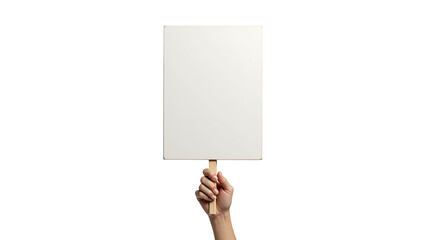 Fototapeta premium Woman's hand holding blank white sign; minimalist, neutral, isolated on white background.