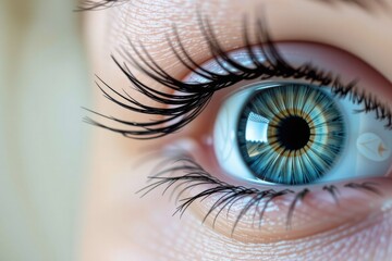 Fototapeta premium Close-up of blue eye with long eyelashes and detailed iris 