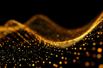 Golden Data Flow: An abstract representation of data in motion, with shimmering gold particles weaving across a deep black background. Visualize the energy and interconnectedness of information. 