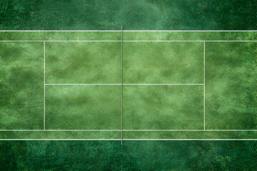 Tennis Court Overview: A vivid shot of a professional tennis court, the focus is on the lines, offering a unique perspective on the sport's iconic layout.