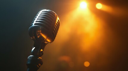 Close-up of a vintage microphone with dramatic lighting in the background, perfect for music, performance, or entertainment-themed projects.