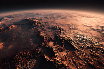Mars Landscape: A breathtaking view of the Martian surface, showcasing rugged mountains, canyons, and craters under a dark, starlit sky.