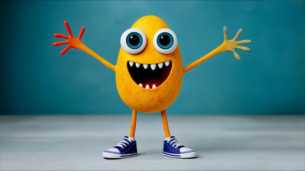 Colorful animated cheerful egg-shaped monster with wide smile, giant eyes, and sneakers stands joyfully with arms open against a clean teal background.