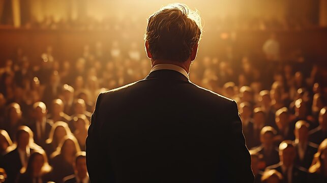 A speaker addresses a captivated audience in a well-lit auditorium, showcasing the power of public speaking and engagement.