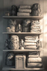 Realistic Pantry Mess with Camping Gear on Wooden Shelves