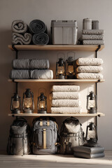 Realistic Pantry Mess with Camping Gear on Wooden Shelves