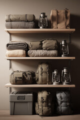 Realistic Pantry Mess with Camping Gear on Wooden Shelves