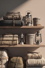 Realistic Pantry Mess with Camping Gear on Wooden Shelves