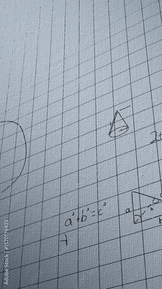 Aufkleber animation of mathematical equation and drawing on grid pattern against abstract background