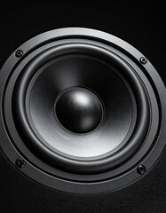 A closeup view of a circular black speaker driver set against a solid black backgroun