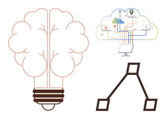 Brain-shaped lightbulb symbolizes ideas, cloud computing highlights connectivity, and process hierarchy represents structure. Ideal for innovation, teamwork, creativity, digital solutions, AI