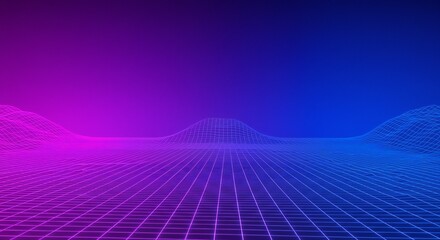 Futuristic landscape with a grid overlay, transitioning from blue to purple, smooth hills in the background, digital art style.