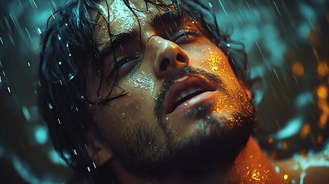 A close-up portrait of a man with wet hair and glistening skin, captured in a dramatic rain effect, evoking an intense and emotional atmosphere.