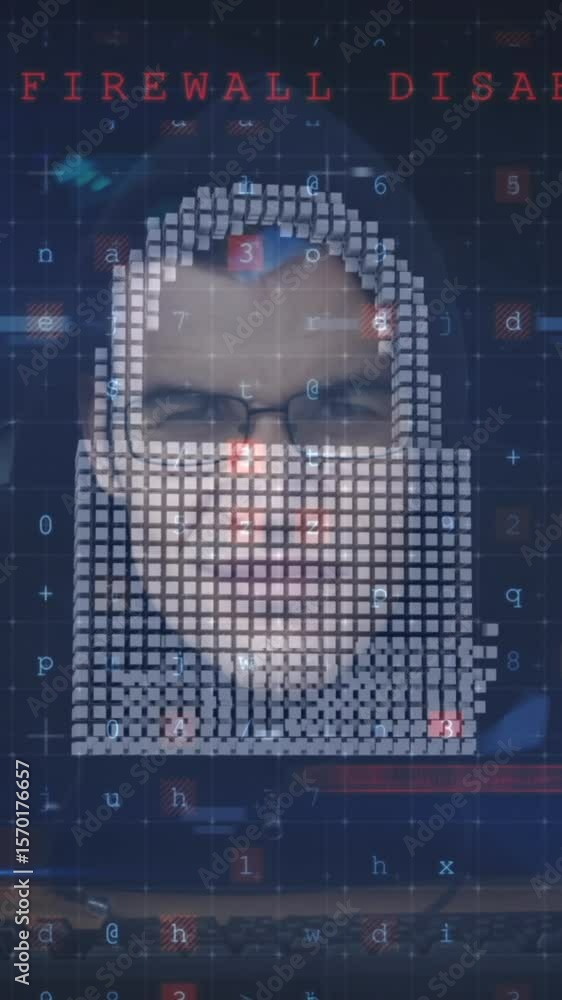 Poster animation of cyber attack warning over online security padlock and hacker