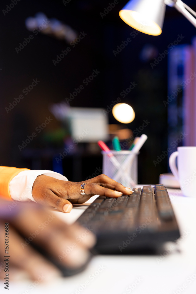 Poster teleworker working from home, typing on computer keyboard, writing in document. remote employee pres