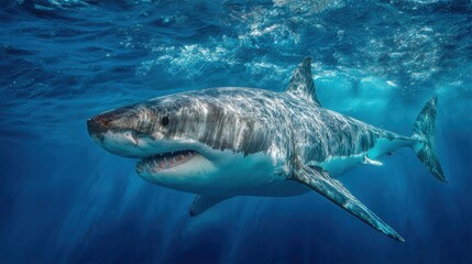 A magnificent great white shark glides effortlessly through clear blue waters, displaying its sleek body and sharp teeth. Sunlight filters through the surface, creating an enchanting atmosphere.