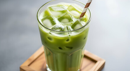 Close-up of Glass of Iced Matcha Latte with Straw on Wooden Tray