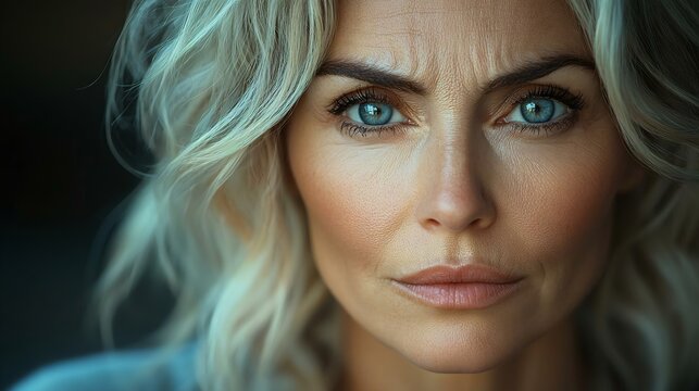 Close-up portrait of a confident woman with striking blue eyes and wavy blonde hair, capturing her intense gaze and serene expression.