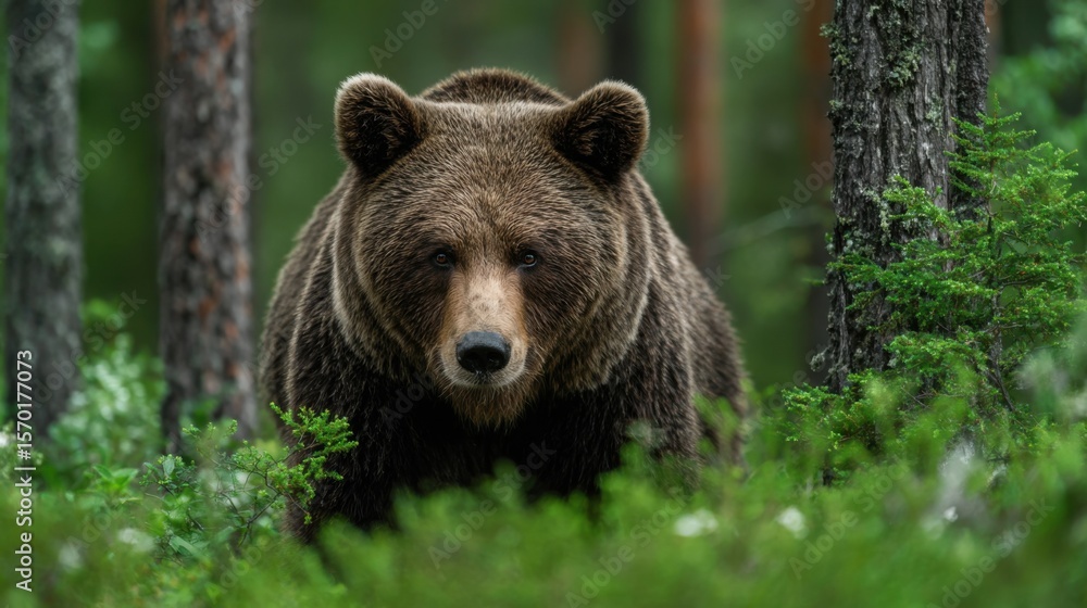 Poster a large bear appears between trees, surrounded by vibrant greenery in a dense forest. the light filt