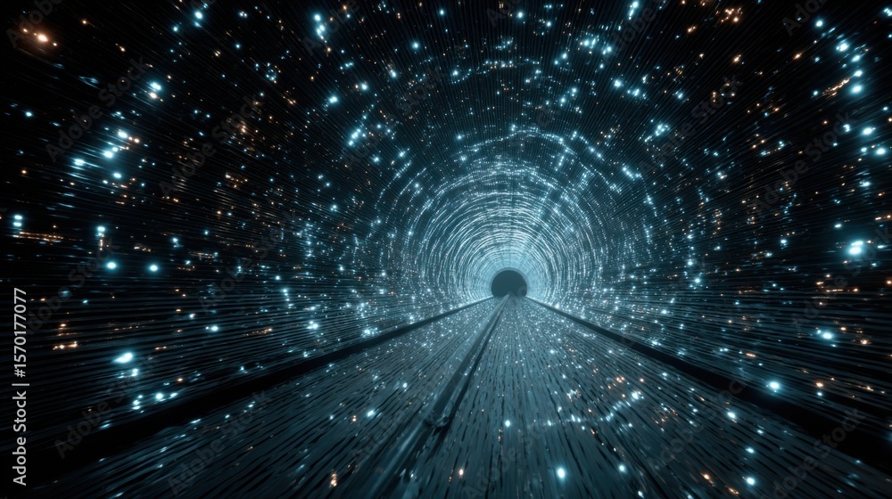 Poster a dynamic illustration shows an endless tunnel illuminated by swirling glowing particles, suggesting