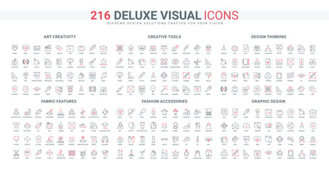 Creative tools for art and graphic design, fabric features of fashion clothes, accessory line icon set. Creativity and modern thinking of artist thin black and red outline symbols vector illustration