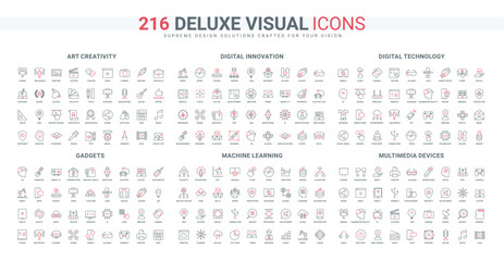 Smart devices, social media content, creativity and digital technology line icon set. Machine learning, data processing and sharing from server thin black and red outline symbols vector illustration