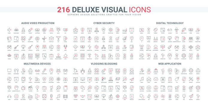 Sound and video production, vlog and blog creators tool, stream subscription, cyber security line icon set. electronic multimedia devices, thin black and red outline symbols vector illustration
