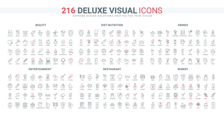 Restaurant food, winery products and best wine, entertainment line icon set. Beauty makeup and cosmetics for body and face care in salon or home thin black and red outline symbols vector illustration