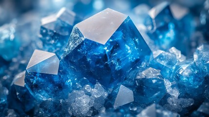 Stunning close-up of vibrant blue crystals sparkling against a backdrop of ice-like formations, showcasing natural beauty and unique textures.