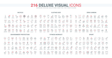 Fashion clothes size measurement guide, protection of environment and climate, fitness workout line icon set. ESG, zero carbon energy technology thin black and red outline symbols vector illustration