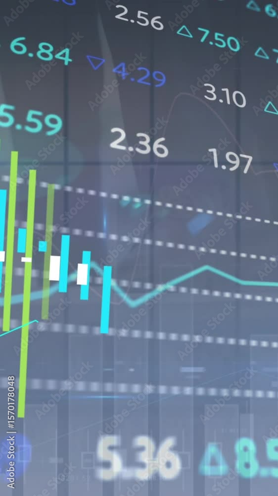Poster animation of statistical and stock market data processing over view of cityscape from office window
