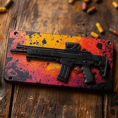 A striking artistic depiction of a black submachine gun on a vibrant splattered background. Ideal for gaming or weapon-themed designs.
