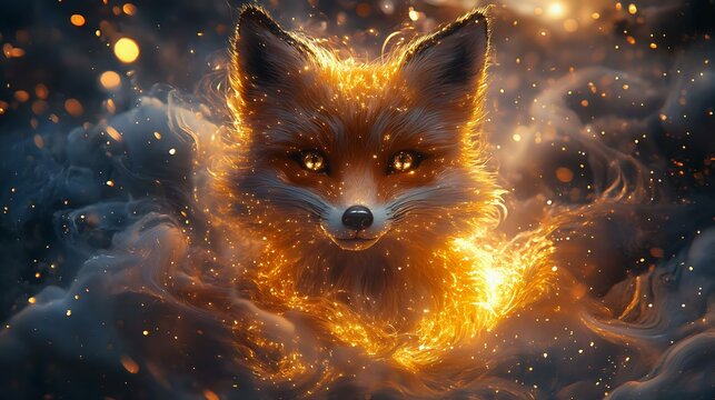 A stunning, glowing fox surrounded by swirling flames and smoke, showcasing ethereal beauty and magical realism.