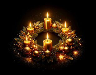 Golden Christmas Advent Wreath decoration on dark  background with many decorative branches, decorations, stars and four candles.