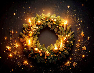 Golden Christmas Advent Wreath decoration on dark  background with many decorative branches, decorations, stars and four candles.