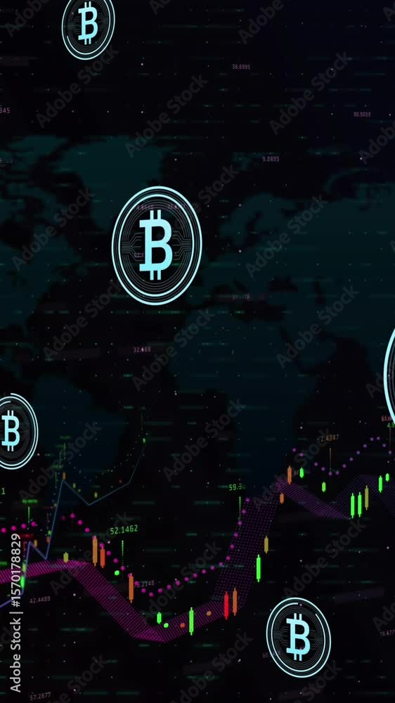 Poster animation of bitcoin symbols over financial data processing against world map
