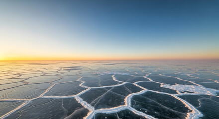 Aerial View of Hexagonal Ice Pattern on Frozen Lake at Sunrise