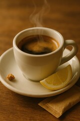 Steaming espresso in ceramic cup with lemon and sugar cube on wooden table