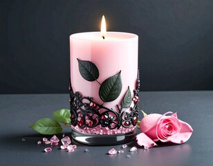A candle and rose petals